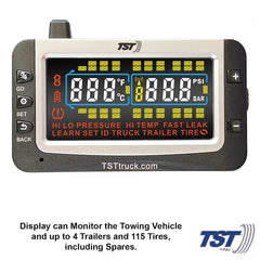 Truck System Technology (TST) TST-507-FT-4-C Tire Pressure Monitoring System - TPMS; 507 Series; For Use On Metal Valve Stems And For RV And Trailer Applications; 4 Flow Thru Sensors; 3-1/2 Inch TST Wide Screen Color Display; With Audio And Visual Alerts; With Two Installation Wrenches/ Rubber Display Mount/ Suction Cup Display Mount/ USB And 12 Volt Charging Capabilities/ Detailed User Manual/ One 507 Repeater