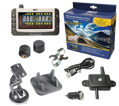 Truck System Technology (TST) TST-507-RV-2-C Tire Pressure Monitoring System - TPMS; 507 Series; For Use On Rubber Or Metal Valve Stems And For RV And Trailer Applications; 2 Cap Sensors; 3-1/2 Inch TST Wide Screen Color Display; With Audio And Visual Alerts; With Replaceable Battery/ Two Installation Wrenches/ Rubber Display Mount/ Suction Cup Display Mount/ USB And 12 Volt Charging Capabilities/ Detailed User Manual/ One 507 Repeater