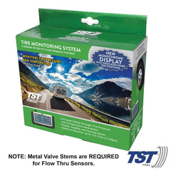 Truck System Technology (TST) TST-507-FT-6 Tire Pressure Monitoring System - TPMS; 507 Series; For Use On Metal Valve Stems And For RV And Trailer Applications; 6 Flow Thru Sensors; 3-1/2 Inch TST Wide Screen Monochromatic Display; With Audio And Visual Alerts; With Two Installation Wrenches/ Rubber Display Mount/ Suction Cup Display Mount/ USB And 12 Volt Charging Capabilities/ Detailed User Manual/ One 507 Repeater