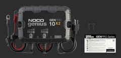 Noco GENPRO10X2 Battery Charger; For 12 Volt Batteries; 2 Bank Onboard Charger/ 10 Amp Per Bank; 120 To 240 Volt AC/ 50 To 60 Hz; 20 Amp Charging Current; 8.1 Inch Length x 2.9 Inch Width x 6-1/2 Inch Height; With Two Self-Tapping Screw