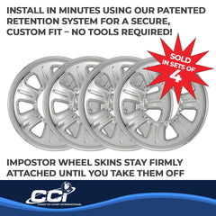 Coast2Coast: IWCIMP21 Wheel Skin -  IMPOSTOR ® -  15 Inch -  7 Dimpled Spokes -  Snap-On -  Plated -  Chrome -  ABS Plastic -  Set Of 4