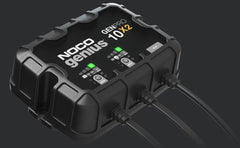 Noco GENPRO10X2 Battery Charger; For 12 Volt Batteries; 2 Bank Onboard Charger/ 10 Amp Per Bank; 120 To 240 Volt AC/ 50 To 60 Hz; 20 Amp Charging Current; 8.1 Inch Length x 2.9 Inch Width x 6-1/2 Inch Height; With Two Self-Tapping Screw