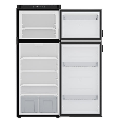 Norcold N10DCBKR - Refrigerator -  Dual Compartment 2 Door Refrigerator With Freezer -  Permanent Mount -  Right Hand Hinge/ Reversible To Left Hand Hinge -  10 Cubic Foot -  59-7/8 Inch Height x 23-1/2 Inch Width x 24 Inch Depth Cutout Dimensions -  5.7 Amp/ 12 Volt DC -  DC (Direct Current) Compressor -  Without Icemaker -  LCD Electronic Control -  With LED Interior Light -  Black Metal Wrap Style Doors -  With Dual Clear Crisper Drawers/ Clear Door Bins/ Hidden Hinges And Recessed Door Handles