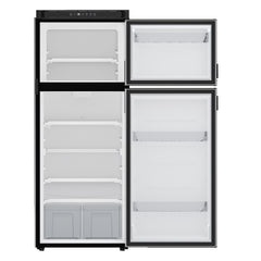 Norcold N10DCBKR - Refrigerator -  Dual Compartment 2 Door Refrigerator With Freezer -  Permanent Mount -  Right Hand Hinge/ Reversible To Left Hand Hinge -  10 Cubic Foot -  59-7/8 Inch Height x 23-1/2 Inch Width x 24 Inch Depth Cutout Dimensions -  5.7 Amp/ 12 Volt DC -  DC (Direct Current) Compressor -  Without Icemaker -  LCD Electronic Control -  With LED Interior Light -  Black Metal Wrap Style Doors -  With Dual Clear Crisper Drawers/ Clear Door Bins/ Hidden Hinges And Recessed Door Handles