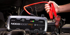 Noco GB150 Battery Portable Jump Starter; Boost Pro; 12 Volt Lead-Acid Batteries; 3000 Amp Peak; Up To 20 Jump Starts Per Charge; With Reverse Polarity Protection; With Ultra-Bright 10 LED Flashlight With 7 Modes; 2.1 Ampere Micro USB And 12 Volt 3 Ampere Fast Charging Input/ 2.1 Ampere USB And 12 Volt 15 Amper Output Conection; With Jumper Cable With HD Clamps/ XGC 12 Volt Male Adapter/ XGC 12 Volt Female Adapter/ XGC Extension Cable/ Micro USB Cable/ Microfiber Storage Bag/ Safety And Warranty Information