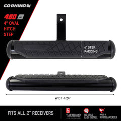 GO RHINO - Truck Step; Hitch Mount; Fits 2 Inch Receivers; 4 Inch Oval Tubular Step; Non-Extendable; Stationary; Powder Coated; Black; Steel; 24 Inch Width - 460B