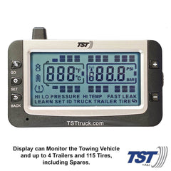 Truck System Technology (TST) TST-507-RV-4 Tire Pressure Monitoring System - TPMS; 507 Series; For Use On Rubber Or Metal Valve Stems And For RV And Trailer Applications; 4 Cap Sensors; 3-1/2 Inch TST Wide Screen Monochromatic Display; With Audio And Visual Alerts; With Two Installation Wrenches/ Rubber Display Mount/ Suction Cup Display Mount/ USB And 12 Volt Charging Capabilities/ Detailed User Manual/ One 507 Repeater