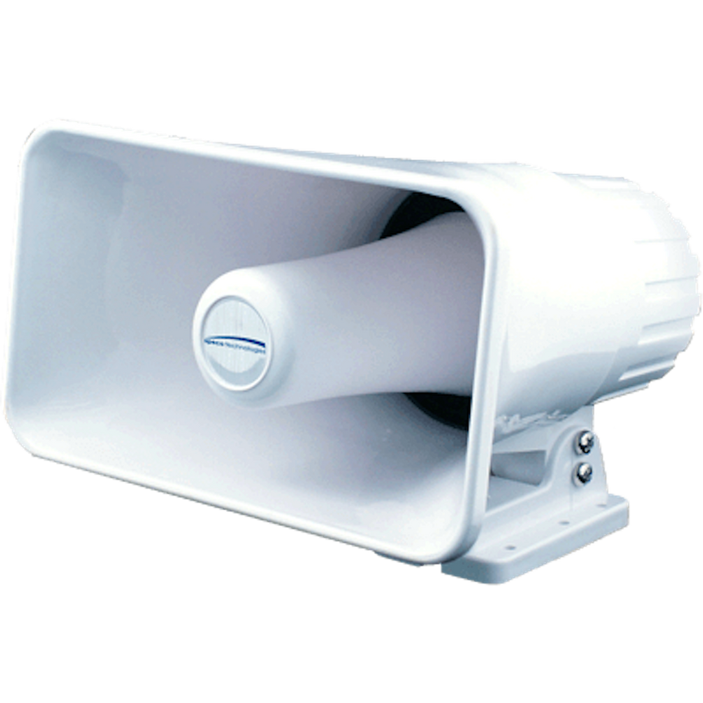 NewMar PA-30/20 Marine Hailer Horn; Used For Indoor/Outdoor Paging And Alarm Systems; 30 Watts Nominal/ 20 Watts Peak Output; 8 Ohm Impedance; White; Plastic; Heavy Duty Commercial; Distortion-Free Waterproof; With Stainless Steel Hardware