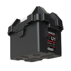 Noco BGU1 Battery Box; HM082BKS; Fits Group U1 Tractor/ Utility Vehicle/ Power chair/ Snow Blower/ Snowmobile Lawn Batteries; Snap-Top; Rugged Design; Black; Reinforced Plastic; Fully Ventilated; 8 Inch Length x 5.2 Inch Width x 7 Inch Height Internal Dimension; 10.6 Inch Length x 7.8 Inch Width x 8.4 Inch Height External Dimension; UV Resistant; Impact Resistant To -20 Degree Fahrenheit; Coast Guard/ ABYC Certified; Includes 42 Inch Battery Box Strap