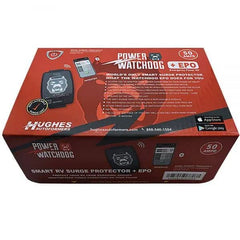 Hughes Auto PWD50-EPO-H Surge Protector; Protect From Damaging Low/ High Voltage Levels and Power Surges When Connected To Campground Power Supply; Hardwired Installation; 4800 Joules Of Advanced Surge Protection; 50 Amp; Bluetooth Connectivity; Hardwired; With Fault Indicator Light And Emergency Power Off; With Plug Head Handle Grip; Smart Technology Compatible