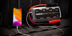 Noco GB150 Battery Portable Jump Starter; Boost Pro; 12 Volt Lead-Acid Batteries; 3000 Amp Peak; Up To 20 Jump Starts Per Charge; With Reverse Polarity Protection; With Ultra-Bright 10 LED Flashlight With 7 Modes; 2.1 Ampere Micro USB And 12 Volt 3 Ampere Fast Charging Input/ 2.1 Ampere USB And 12 Volt 15 Amper Output Conection; With Jumper Cable With HD Clamps/ XGC 12 Volt Male Adapter/ XGC 12 Volt Female Adapter/ XGC Extension Cable/ Micro USB Cable/ Microfiber Storage Bag/ Safety And Warranty Information