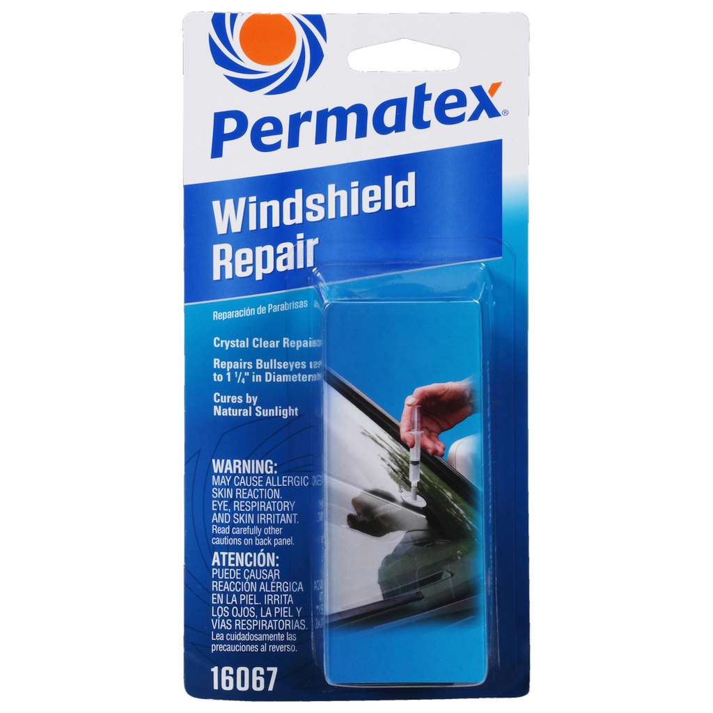Permatex 16067 Windshield Repair Kit; Bullseye ™; Use To Repair Bulls eye's/ Star Damage/ Chips (Up To 1-1/4 Inch Long) In Laminated Automotive Windshields; From 50 Degree Fahrenheit To 75 Degree Fahrenheit; Single; With Adhesive Seal/ Resin/ Plunger/ Syringe