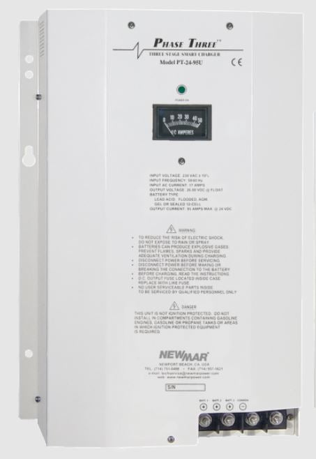 NewMar PT-24-95U Battery Charger; Phase Three Smart Series; For 24 Volt Gel-Cell/ 24 Volt Flooded Lead-Acid/ 24 Volt AGM Batteries; 3-Bank Charger; 90 To 264 Volt AC Power Supply; 3 Step Bulk/ Absorption/ Float; 95 Amp Output Current; 12 Inch Width x 7.2 Inch Depth x 17.5 Inch Height Overall Dimension; 180 To 950 Ampere Hour Battery Capacity; -20 To 70 Degree Celsius Operating Temperature; EN 60335-1/ EN 60335-2-29; With LED Audible Indicators/ Remote Panel/ 25 Feet Cable/ Plug-In Connector