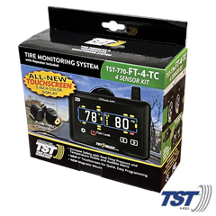 Truck System Technology (TST) TST-770-FT-4-TC Tire Pressure Monitoring System - TPMS; 770 Series; For Use On Metal Valve Stems And For RV And Trailer Applications; 4 Flow Thru Sensors; 5 Inch TST Wide Screen Color Display; With Audio And Visual Alerts; With Two Installation Wrenches/ Suction Cup Display Mount/ USB And 12 Volt Charging Capabilities/ Detailed User Manual/ One 770 Repeater