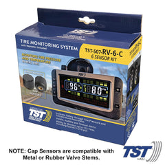 Truck System Technology (TST) TST-507-RV-6-C Tire Pressure Monitoring System - TPMS; 507 Series; For Use On Rubber Or Metal Valve Stems And For RV And Trailer Applications; 6 Cap Sensors; 3-1/2 Inch TST Wide Screen Color Display; With Audio And Visual Alerts; With Two Installation Wrenches/ Rubber Display Mount/ Suction Cup Display Mount/ USB And 12 Volt Charging Capabilities/ Detailed User Manual/ One 507 Repeater