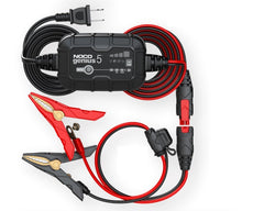 Noco GENIUS5 Battery Charger; For 6 Volt/ 12 Volt Batteries; 120 To 240 Volt AC/ 50 To 60 Hz; 9 Step Fully Automatic; 5 Amp Charging Current (6 Volt And 12 Volt); 4.6 Inch Length x 2.9 Inch Width x 1.9 Inch Height; With Interchangeable Connector/ Clamps With Integrated Eyelets/ Mounting Bracket With Strap/ Two Self-Tapping Screws