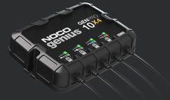 Noco GENPRO10X4 Battery Charger; For 12 Volt Batteries; 4 Bank Onboard Charger/ 10 Amp Per Bank; 120 To 240 Volt AC/ 50 To 60 Hz; 40 Amp Charging Current; 11.4 Inch Length x 2.8 Inch Width x 9.1 Inch Height; With Two Self-Tapping Screw