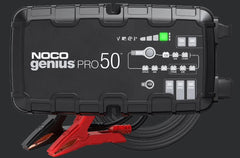 Noco GENIUSPRO50 Battery Charger; For 6 Volt/ 12 Volt/ 24 Volt Batteries; 100 Volt To 240 Volt AC/ 50 To 60 Hz; 50 Amp Charging Current (6 Volt And 12 Volt)/ 25 Amp Charging Current (24 Volt); 12.3 Inch Length x 3.6 Inch Width x 6.9 Inch Height; With One Genius PRO Clamps With Integrated Eyelets/ One 10 Foot Extension Cord/ One EVA Case/ Two Self-Tapping Screws/ Type A/ C/ G/ And I Power Cables