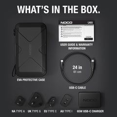 Noco U65 Battery Portable Jump Starter Power Supply; For Use With Noco Boost X Ultra Safe Lithium Jump Starter Part Numbers GBX45/ GBX55/ GBX75 And GBX155; 3 Amp At 5/ 9/ 12/ 15 Volt And 3.25 Amp At 20 Volt Output; 100 To 240 Volt DC Input; 24 Inch Length; Black; 65 Watt; 50 To 60 Hertz Frequency; With Adapters For Australia (Type I)/ Europe (Type C)/ North America (Type A) And United Kingdom (Type G)/ Protective EVA Case/ USB-C Cable And User Guide