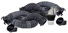 Valterra D04-0675 Sewer Hose -  Silverback ™ -  20 Foot Extended Length -  76 Inch Compressed Length -  3 Inch Diameter -  24 Mil Polypropylene -  UV Protection -  Silver/ Black -  100 Mil Protective Outer Beading -  With Rotating Fittings/ 90 Degree Universal Sewer Adapter -  Boxed
