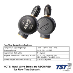 Truck System Technology (TST) TST-507-FT-6-C Tire Pressure Monitoring System - TPMS; 507 Series; For Use On Metal Valve Stems And For RV And Trailer Applications; 6 Flow Thru Sensors; 3-1/2 Inch TST Wide Screen Color Display; With Audio And Visual Alerts; With Two Installation Wrenches/ Rubber Display Mount/ Suction Cup Display Mount/ USB And 12 Volt Charging Capabilities/ Detailed User Manual/ One 507 Repeater