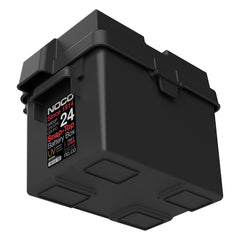 Noco BG24 Battery Box; HM300BKS; Fits Group 24 Automotive/ Marine/ RV Batteries; Snap-Top; Rugged Design; Black; Reinforced Plastic; Fully Ventilated; 10-1/2 Inch Length x 7.2 Inch Width x 9.6 Inch Height Internal Dimension; 14 Inch Length x 10 Inch Width x 10.7 Inch Height External Dimension; UV Resistant; Impact Resistant To -20 Degree Fahrenheit; Coast Guard/ ABYC Certified; Includes 42 Inch Battery Box Strap