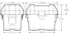 Noco BGU1 Battery Box; HM082BKS; Fits Group U1 Tractor/ Utility Vehicle/ Power chair/ Snow Blower/ Snowmobile Lawn Batteries; Snap-Top; Rugged Design; Black; Reinforced Plastic; Fully Ventilated; 8 Inch Length x 5.2 Inch Width x 7 Inch Height Internal Dimension; 10.6 Inch Length x 7.8 Inch Width x 8.4 Inch Height External Dimension; UV Resistant; Impact Resistant To -20 Degree Fahrenheit; Coast Guard/ ABYC Certified; Includes 42 Inch Battery Box Strap
