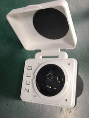 Hughes Auto SV50API-W Power Inlet Port; SafeView™; Manual Power Disconnect; 50 Ampere; 120 Volt; -20 To 65 Degree Celsius Working Temperature/ -40 To 85 Degree Celsius Storage Temperature; White; Nickel Plated Contacts; Twist Lock Design; ETL Certified; With Water Resistant Cover And Halo Status Light