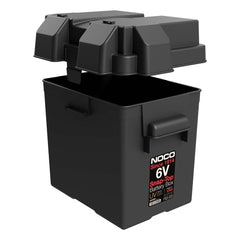 Noco BG6V Battery Box; HM306BKS; Fits 6 Volt Automotive/ Marine/ RV Batteries; Snap-Top; Rugged Design; Black; Reinforced Plastic; Fully Ventilated; 10.6 Inch Length x 7.6 Inch Width x 11.2 Inch Height Internal Dimension; 14.1 Inch Length x 10.6 Inch Width x 12.4 Inch Height External Dimension; UV Resistant; Impact Resistant To -20 Degree Fahrenheit; Coast Guard/ ABYC Certified; Includes 54 Inch Battery Box Strap