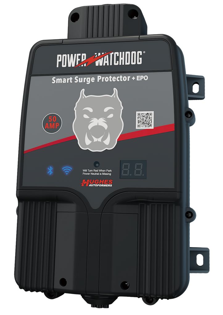 Hughes Auto PWD50EPOHW Surge Protector; Power Watchdog Gen II; Hardwired Installation; 50 Ampere Operating Current; With Emergency Power Off; Built-In Bluetooth And WiFi