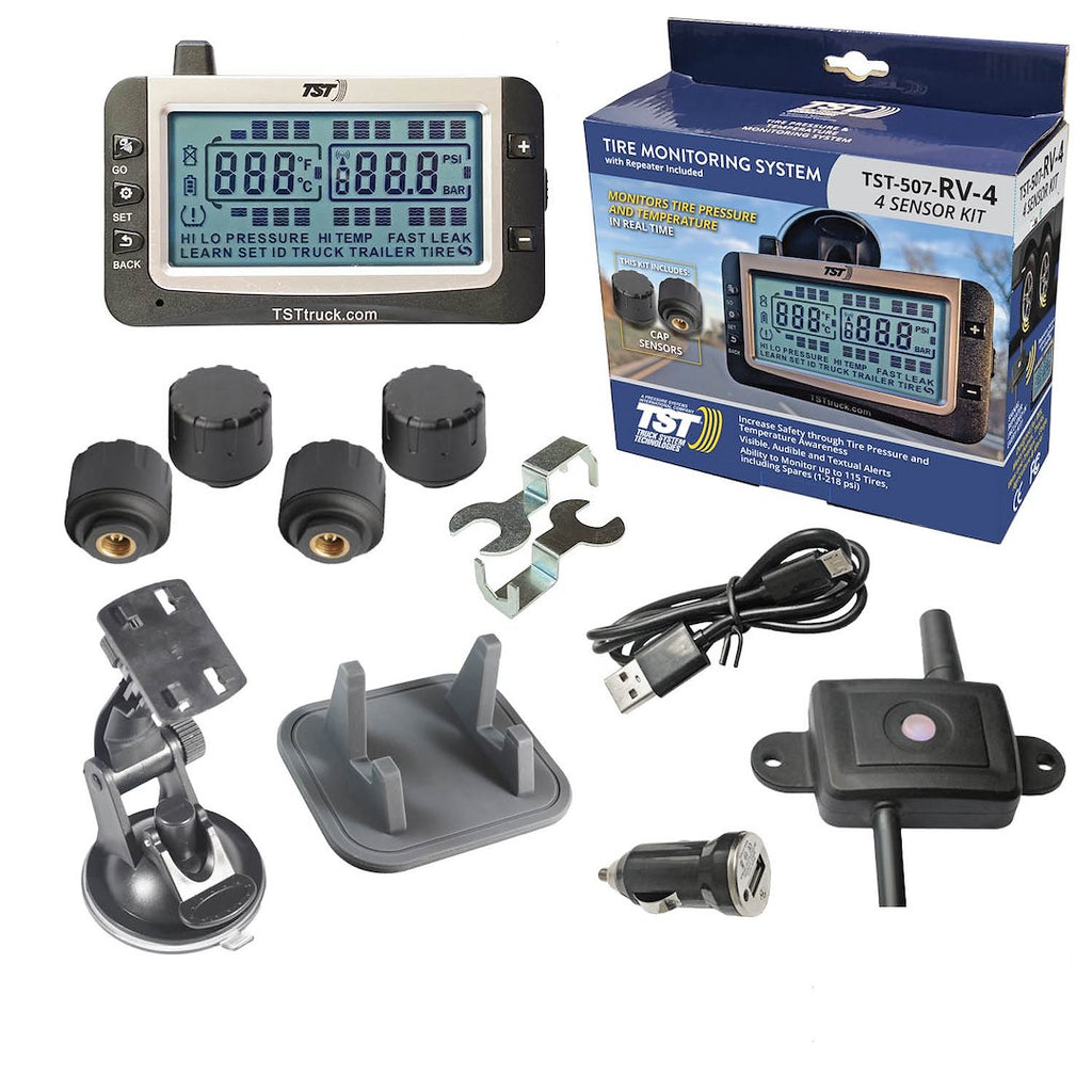 Truck System Technology (TST) TST-507-RV-4 Tire Pressure Monitoring System - TPMS; 507 Series; For Use On Rubber Or Metal Valve Stems And For RV And Trailer Applications; 4 Cap Sensors; 3-1/2 Inch TST Wide Screen Monochromatic Display; With Audio And Visual Alerts; With Two Installation Wrenches/ Rubber Display Mount/ Suction Cup Display Mount/ USB And 12 Volt Charging Capabilities/ Detailed User Manual/ One 507 Repeater