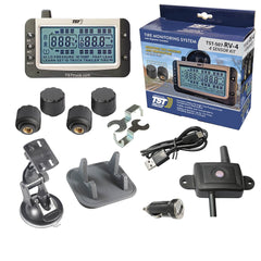 Truck System Technology (TST) TST-507-RV-4 Tire Pressure Monitoring System - TPMS; 507 Series; For Use On Rubber Or Metal Valve Stems And For RV And Trailer Applications; 4 Cap Sensors; 3-1/2 Inch TST Wide Screen Monochromatic Display; With Audio And Visual Alerts; With Two Installation Wrenches/ Rubber Display Mount/ Suction Cup Display Mount/ USB And 12 Volt Charging Capabilities/ Detailed User Manual/ One 507 Repeater