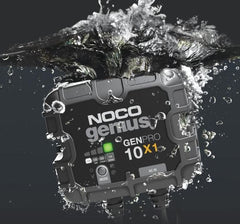 Noco GENPRO10X1 Battery Charger; For 12 Volt Batteries; 1 Bank Onboard Charger; 120 To 240 Volt AC/ 50 To 60 Hz; 10 Amp Charging Current; 5.8 Inch Length x 2.8 Inch Width x 5.6 Inch Height; With Two Self-Tapping Screw