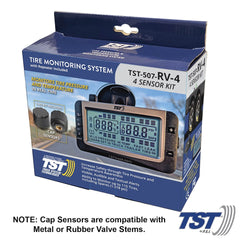 Truck System Technology (TST) TST-507-RV-4 Tire Pressure Monitoring System - TPMS; 507 Series; For Use On Rubber Or Metal Valve Stems And For RV And Trailer Applications; 4 Cap Sensors; 3-1/2 Inch TST Wide Screen Monochromatic Display; With Audio And Visual Alerts; With Two Installation Wrenches/ Rubber Display Mount/ Suction Cup Display Mount/ USB And 12 Volt Charging Capabilities/ Detailed User Manual/ One 507 Repeater