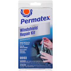Permatex 09103 Windshield Repair Kit; Use To Repair Bulls eye's/ Star Damage/ Chips (Up To 1-1/4 Inch Long) In Laminated Automotive Windshields; From 50 Degree Fahrenheit To 75 Degree Fahrenheit; Single; With Adhesive Seal/ Resin/ Plunger/ Syringe