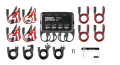 Noco GENIUS2X4 Battery Charger; For 6 Volt/ 12 Volt Batteries; 4 Bank Onboard Charger/ 2 Amp Per Bank; 120 To 240 Volt AC/ 50 To 60 Hz; 8 Amp Charging Current; 9.4 Inch Length x 2.3 Inch Width x 5.7 Inch Height; With Four Interchangeable Connectors/ Four Clamps With Integrated Eyelets/ Four 10 Foot Extension Cords/ Two Self-Tapping Screw/ Type A/ C/ G And I Power Cables