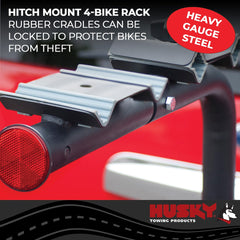 HUSKY TOWING - Bike Rack; 2 Inch Receiver Hitch Mount; Holds 4 Bikes; Up To 120 Pound Weight Capacity; Cradle System; Without Lock; Non-Foldable; Black Powder Coated; Steel - 81147