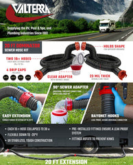 Valterra D04-0275 Sewer Hose -  Dominator ™ -  20 Foot Extended Length -  39 Inch Compressed Length For Each 10 Foot Section -  3 Inch Diameter -  23 Mil Poly Construction -  UV Protection -  Black With Red Fittings -  With Two 10 Foot Hoses/ Rotating Fittings/ Universal 90 Degree Sewer Adapter -  Boxed