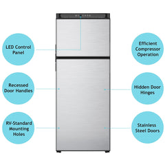 Norcold N10DCBKR - Refrigerator -  Dual Compartment 2 Door Refrigerator With Freezer -  Permanent Mount -  Right Hand Hinge/ Reversible To Left Hand Hinge -  10 Cubic Foot -  59-7/8 Inch Height x 23-1/2 Inch Width x 24 Inch Depth Cutout Dimensions -  5.7 Amp/ 12 Volt DC -  DC (Direct Current) Compressor -  Without Icemaker -  LCD Electronic Control -  With LED Interior Light -  Black Metal Wrap Style Doors -  With Dual Clear Crisper Drawers/ Clear Door Bins/ Hidden Hinges And Recessed Door Handles