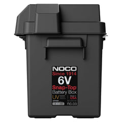 Noco BG6V Battery Box; HM306BKS; Fits 6 Volt Automotive/ Marine/ RV Batteries; Snap-Top; Rugged Design; Black; Reinforced Plastic; Fully Ventilated; 10.6 Inch Length x 7.6 Inch Width x 11.2 Inch Height Internal Dimension; 14.1 Inch Length x 10.6 Inch Width x 12.4 Inch Height External Dimension; UV Resistant; Impact Resistant To -20 Degree Fahrenheit; Coast Guard/ ABYC Certified; Includes 54 Inch Battery Box Strap