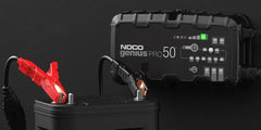 Noco GENIUSPRO50 Battery Charger; For 6 Volt/ 12 Volt/ 24 Volt Batteries; 100 Volt To 240 Volt AC/ 50 To 60 Hz; 50 Amp Charging Current (6 Volt And 12 Volt)/ 25 Amp Charging Current (24 Volt); 12.3 Inch Length x 3.6 Inch Width x 6.9 Inch Height; With One Genius PRO Clamps With Integrated Eyelets/ One 10 Foot Extension Cord/ One EVA Case/ Two Self-Tapping Screws/ Type A/ C/ G/ And I Power Cables