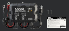 Noco GEN5X2 Battery Charger; For 12 Volt Batteries; 2 Bank Onboard Charger/ 5 Amp Per Bank; 120 To 240 Volt AC/ 50 To 60 Hz; 10 Amp Charging Current; 7 Inch Length x 2.2 Inch Width x 5.6 Inch Height; With Two Self-Tapping Screw