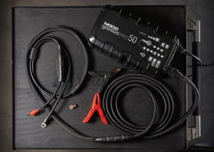 Noco GENIUSPRO50 Battery Charger; For 6 Volt/ 12 Volt/ 24 Volt Batteries; 100 Volt To 240 Volt AC/ 50 To 60 Hz; 50 Amp Charging Current (6 Volt And 12 Volt)/ 25 Amp Charging Current (24 Volt); 12.3 Inch Length x 3.6 Inch Width x 6.9 Inch Height; With One Genius PRO Clamps With Integrated Eyelets/ One 10 Foot Extension Cord/ One EVA Case/ Two Self-Tapping Screws/ Type A/ C/ G/ And I Power Cables