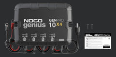 Noco GENPRO10X4 Battery Charger; For 12 Volt Batteries; 4 Bank Onboard Charger/ 10 Amp Per Bank; 120 To 240 Volt AC/ 50 To 60 Hz; 40 Amp Charging Current; 11.4 Inch Length x 2.8 Inch Width x 9.1 Inch Height; With Two Self-Tapping Screw