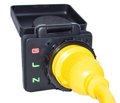 Hughes Auto SV30API Power Inlet Port; SafeView™; Manual Power Disconnect; 30 Amp; 125 Volt; Black; Nickel Plated Contacts; Twist Lock Design; ETL Certified; With Water Resistant Cover And Halo Status Light