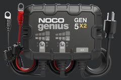 Noco GEN5X2 Battery Charger; For 12 Volt Batteries; 2 Bank Onboard Charger/ 5 Amp Per Bank; 120 To 240 Volt AC/ 50 To 60 Hz; 10 Amp Charging Current; 7 Inch Length x 2.2 Inch Width x 5.6 Inch Height; With Two Self-Tapping Screw