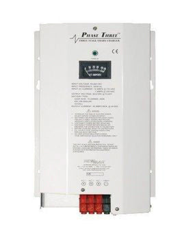 NewMar PT-14W Battery Charger; Phase Three Smart Series; For 12 Volt Gel-Cell/ 12 Volt Flooded Lead-Acid/ 12 Volt AGM Batteries; 3-Bank Charger; 85 To 264 Volt AC Power Supply; 3 Step Bulk/ Absorption/ Float; 14 Amp Output Current; 7.7 Inch Width x 4.3 Inch Depth x 12.5 Inch Height Overall Dimension; 28 To 140 Ampere Hour Battery Capacity; -10 To 60 Degree Celsius Operating Temperature; CG USCG CFR 183.410/ CE Certified; With LED Audible Indicators/ Remote Panel/ 25 Feet Cable/ Plug-In Connector