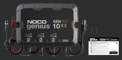 Noco GENPRO10X3 Battery Charger; For 12 Volt Batteries; 3 Bank Onboard Charger/ 10 Amp Per Bank; 120 To 240 Volt AC/ 50 To 60 Hz; 30 Amp Charging Current; 10-1/2 Inch Length x 2.8 Inch Width x 8.1 Inch Height; With Two Self-Tapping Screw