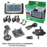 Truck System Technology (TST) TST-507-FT-4 Tire Pressure Monitoring System - TPMS; 507 Series; For Use On Metal Valve Stems And For RV And Trailer Applications; 4 Flow Thru Sensors; 3-1/2 Inch TST Wide Screen Monochromatic Display; With Audio And Visual Alerts; With Two Installation Wrenches/ Rubber Display Mount/ Suction Cup Display Mount/ USB And 12 Volt Charging Capabilities/ Detailed User Manual/ One 507 Repeater