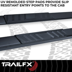 TrailFX A4015B Nerf Bar -  TFX 4" Trapezoid Side Steps -  With Step Pads -  4 Inch Trapezoidal Straight -  Powder Coated -  Titanium Black -  Steel -  With Plastic End Caps -  Rocker Panel Mount